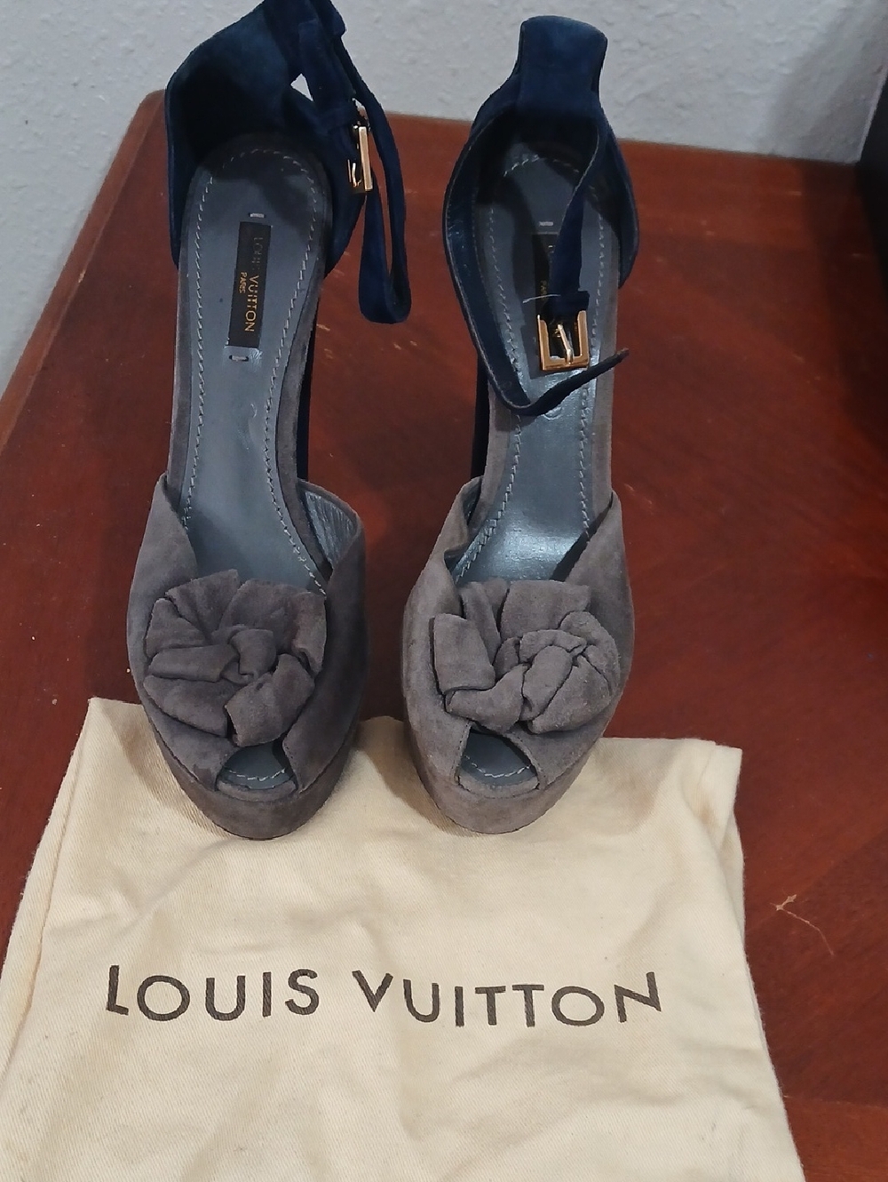 Louis Vuitton Gray Suede Peep-Toe Platform Heels with Navy Ankle Strap